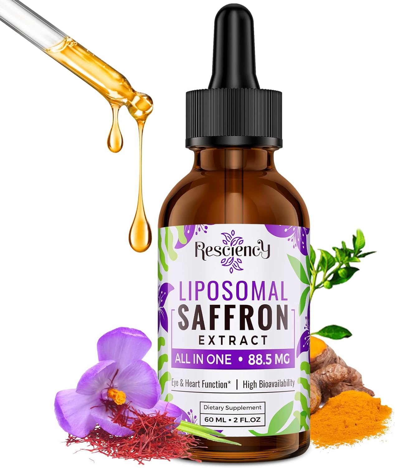 Saffron Saffron Supplements - 88.5 Mg Saffron Extract Better Bioavailability Liposomal Drops for Mood, Energy, Vision & Focus with Ashwagandha, Turmeric, Magnesium, Zinc, Vitamin B12 & D3, 60 Ml, 30 Servings