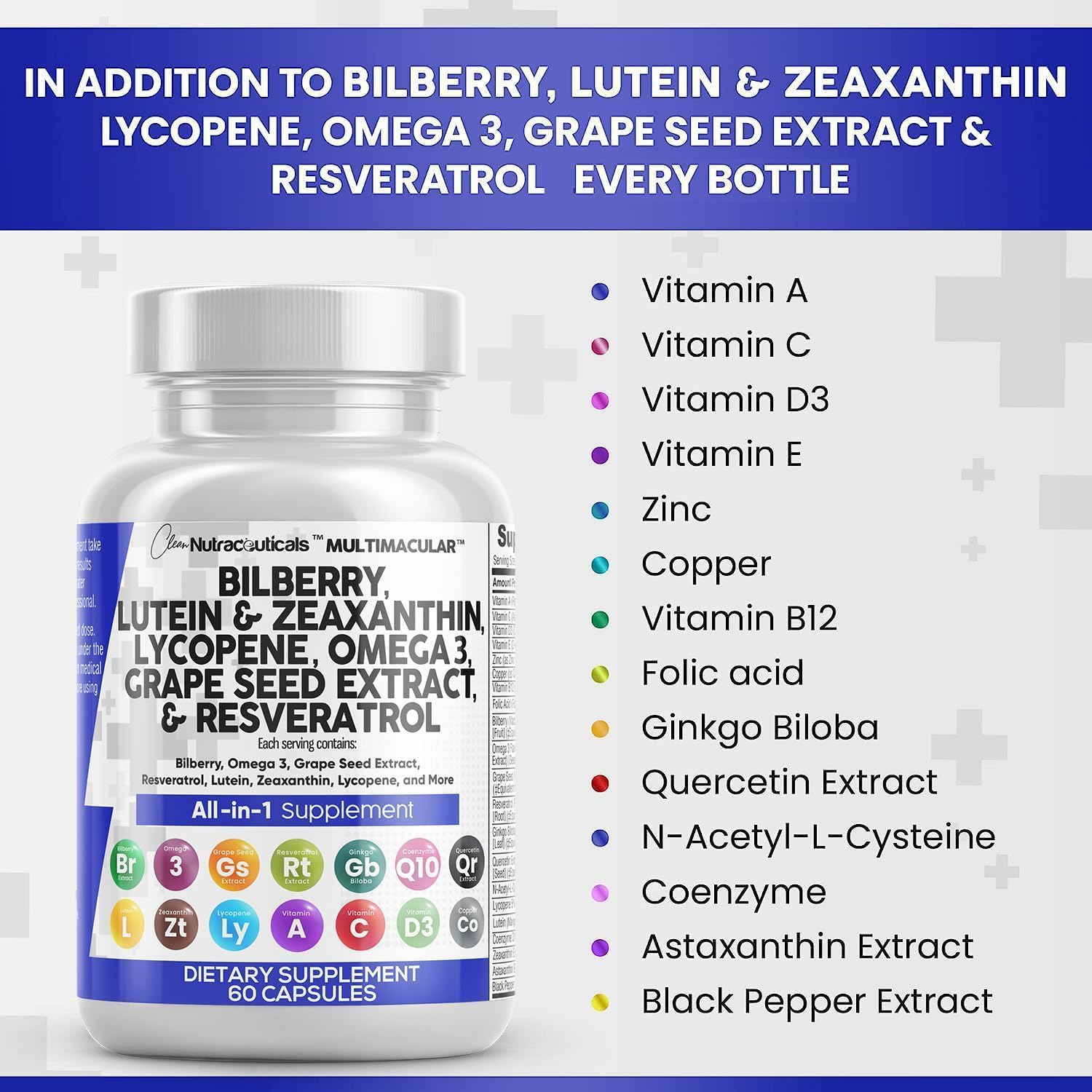 Clean Nutra Eye Vitamins with Bilberry Lutein and Zeaxanthin Supplements Lycopene 40Mg Resveratrol Grape Seed Astaxanthin for Eyes - Eye Care Health Support Eye Vitamin and Mineral Supplement