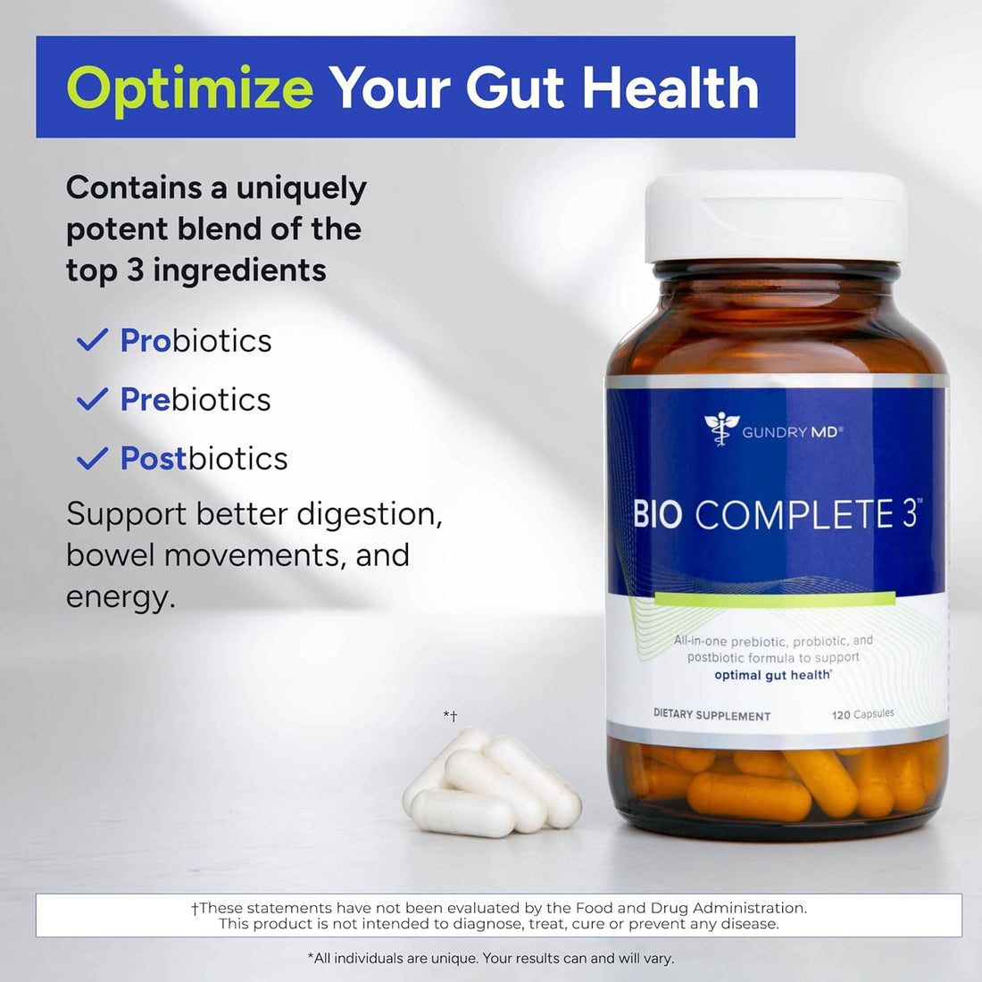 Gundry Bio Complete 3, 3-In-1 Probiotics for Gut Health, Probiotic Supplements for Digestion, Supplement Supporting Bloating, Gas, Food Cravings, Energy Levels, Skin, and Focus, 30 Day Supply