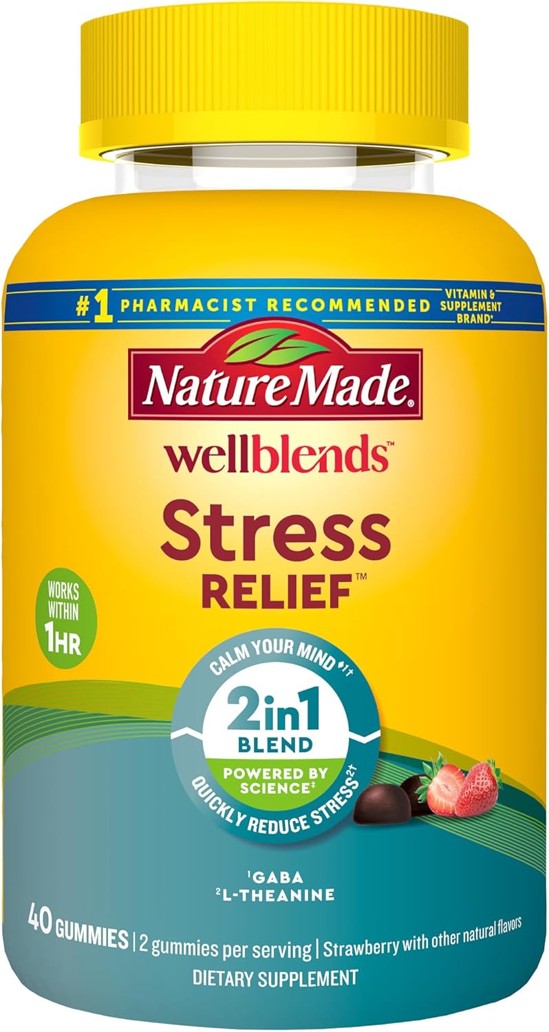 Wellblends Stress Relief Gummies, L Theanine 200Mg to Help Reduce Stress, with GABA 100Mg, Same Day Stress Support, 40 Strawberry Flavor Gummies