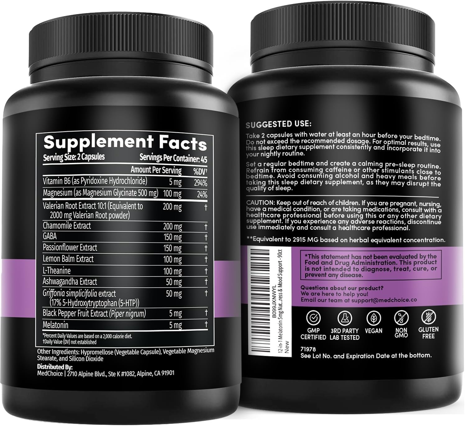 MEDCHOICE 12-In-1 Melatonin Sleep Capsules - Natural Sleep Aids for Adults with Melatonin 5Mg and Magnesium Glycinate 500Mg, Sleep Aid with Ashwagandha, L Theanine, Valerian Root, GABA, 5-HTP (90Ct, Pack of 1)