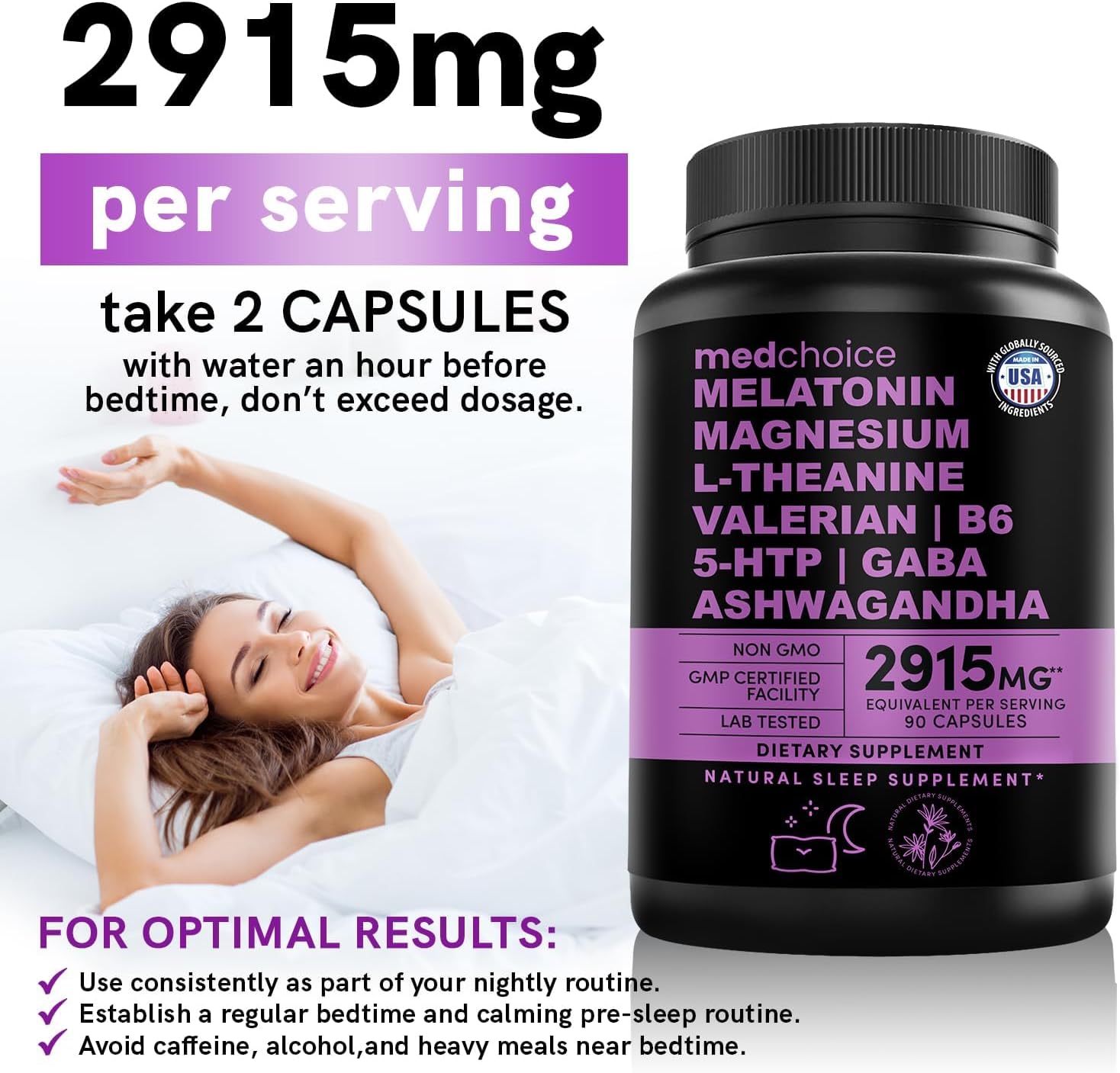 MEDCHOICE 12-In-1 Melatonin Sleep Capsules - Natural Sleep Aids for Adults with Melatonin 5Mg and Magnesium Glycinate 500Mg, Sleep Aid with Ashwagandha, L Theanine, Valerian Root, GABA, 5-HTP (90Ct, Pack of 1)