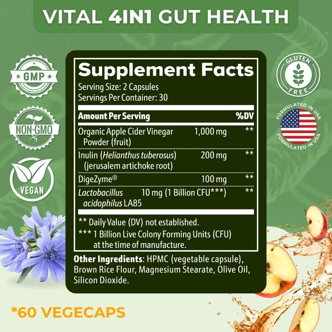 Vital Gut Health 4In1 Formula with Apple Cider Vinegar, Prebiotics & Probiotics, Digestive Enzymes for Strong Immunity Support and Complete Gut and Digestion Support