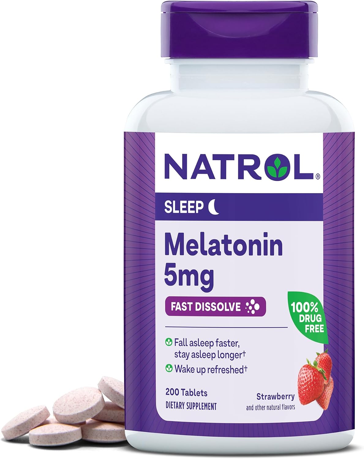 Natrol  Melatonin 5Mg Fast Dissolve Tablets, Sleep Support Supplements for Adults, Strawberry Flavor, 200 Tablets, up to 200 Day Supply