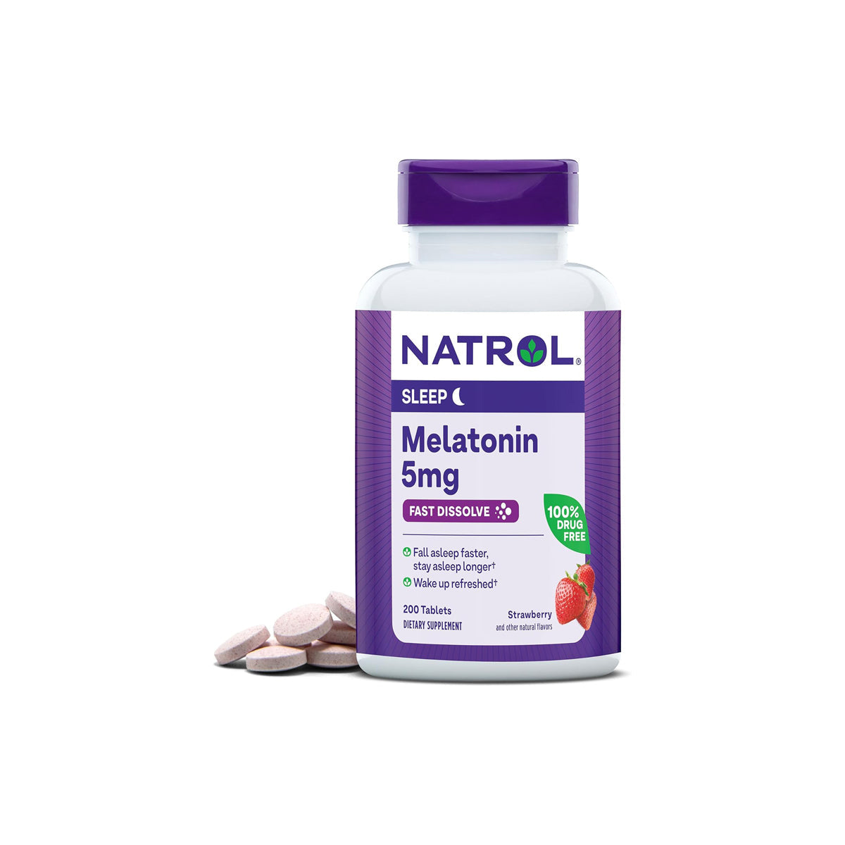 Natrol  Melatonin 5Mg Fast Dissolve Tablets, Sleep Support Supplements for Adults, Strawberry Flavor, 200 Tablets, up to 200 Day Supply