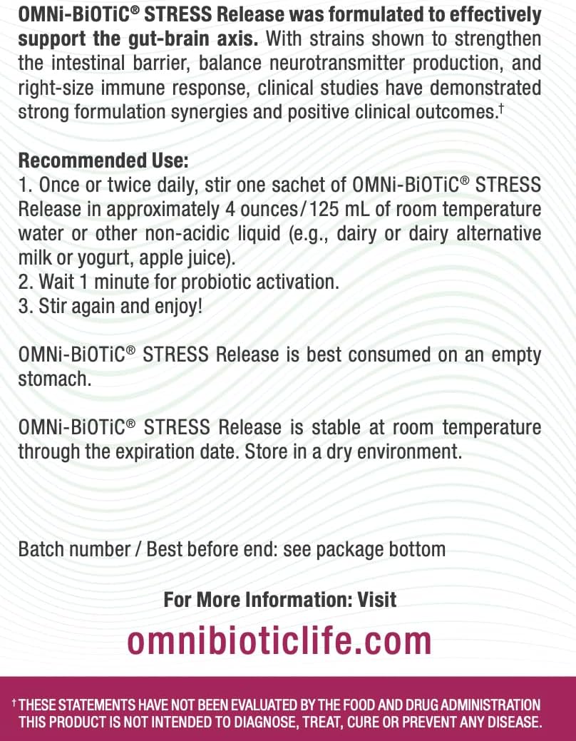 OMNi BiOTiC Stress Release - Clinically Tested Probiotic for Stress Management & Gut-Brain Axis Support - Stress Probiotic and Mood Probiotic - Vegan, Non-Gmo (28 Daily Packets)