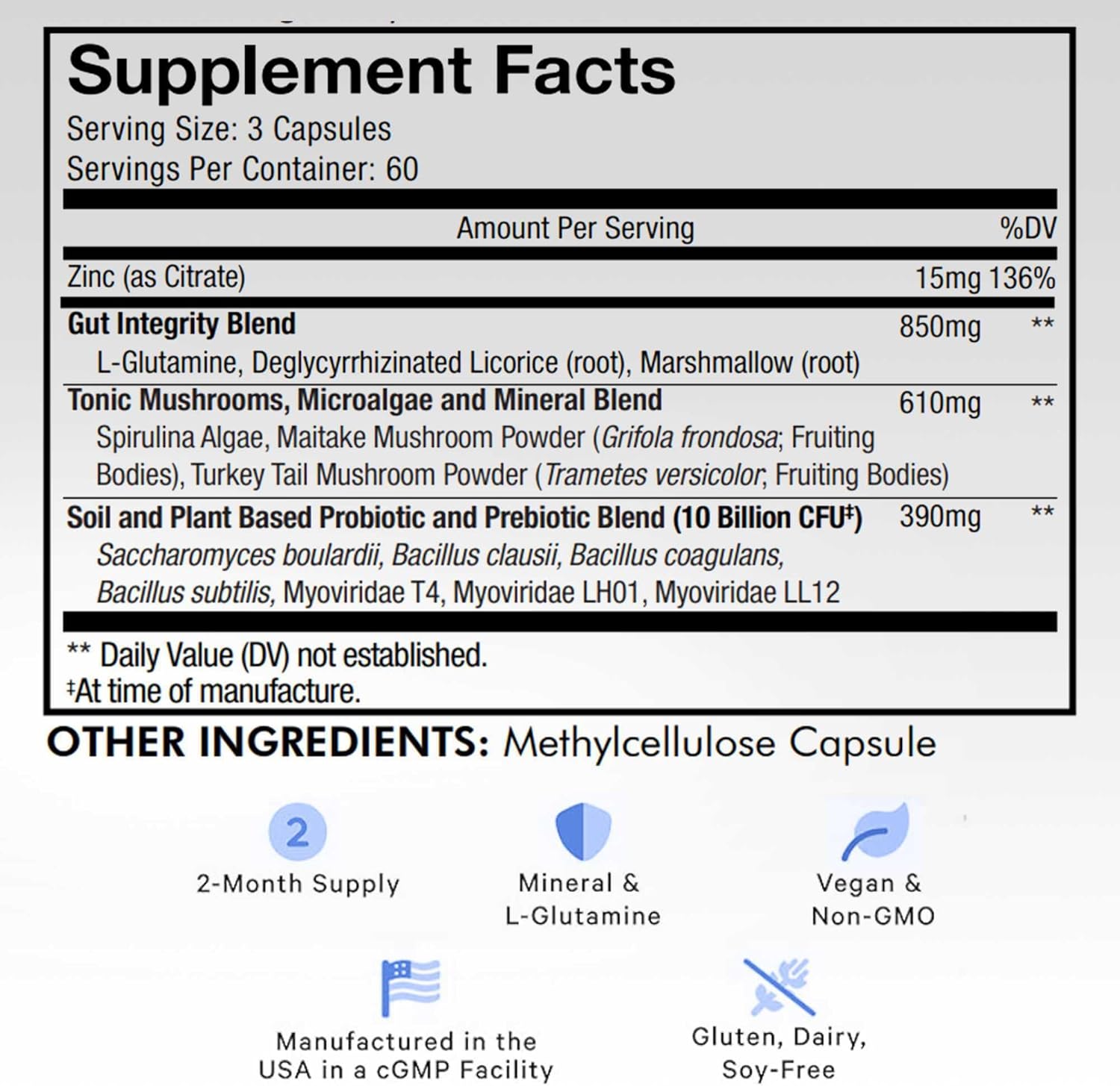 Codeage Gut Health Supplements Vegan Formula - L Glutamine, Zinc, Turkey Tail Mushroom Powder, Tonic Mushroom, Maitake, Micro Algae, Mineral, Licorice Root DGL - Probiotics, Prebiotics - 180 Capsules