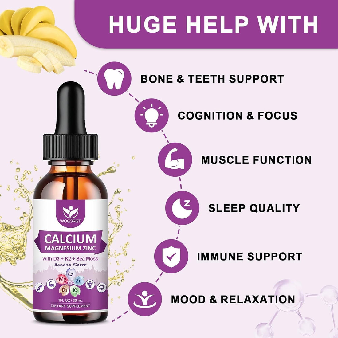 Calcium Magnesium Zinc Liquid Drops with Vitamin D3 K2, Sea Moss Extract, High Absorption Calcium Citrate Liquid Supplement for Bone, Muscles, Immune & Sleep Support, Banana Flavor - 1 Fl Oz (2 Pack)
