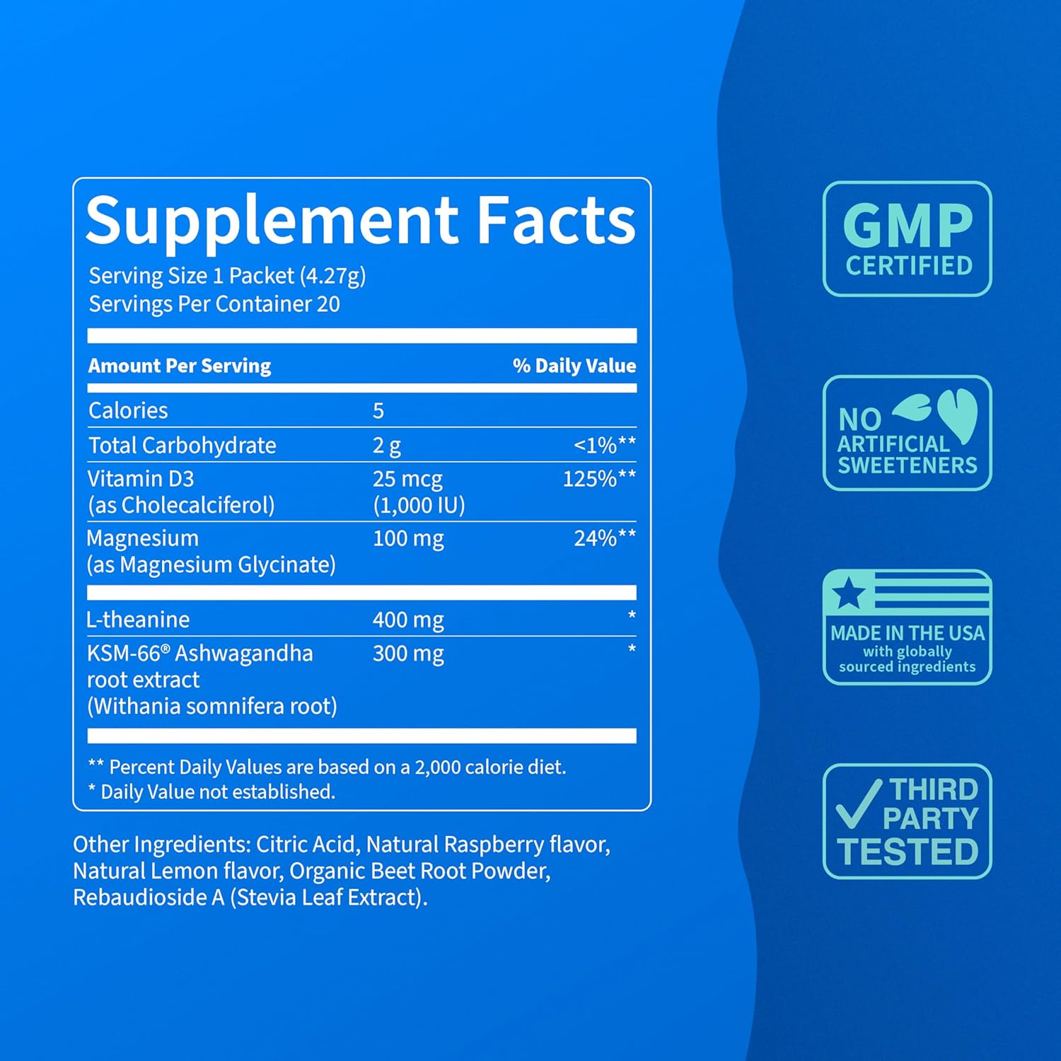 Supercalm Powdered Drink Mix, Raspberry Lemonade, L Theanine, Ksm-66 Ashwagandha, Magnesium Glycinate, Vitamin D 3, Supplements for Relaxation & Focus, No Sugar, Non GMO, on the Go, 20 Ct