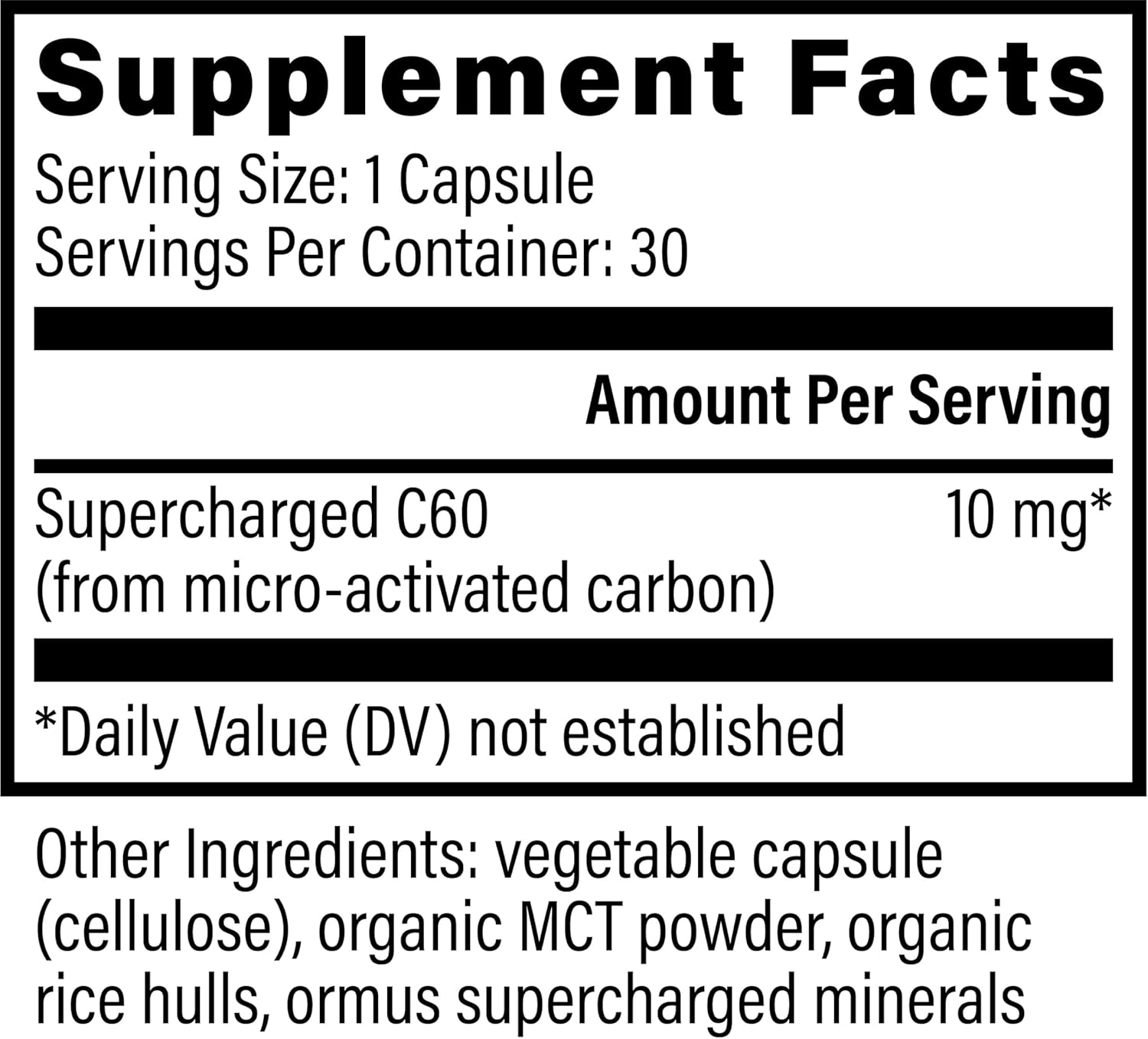 Supercharged C60 - Micro-Activated Carbon Fullerene W/Organic MCT Powder, 10 Times More Powerful than Regular C60 Supplements - Helps Detoxification, Aging (30 Capsules)