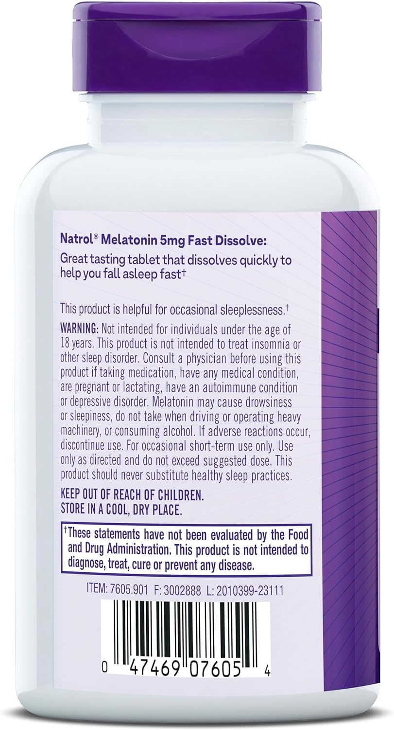 Natrol  Melatonin 5Mg Fast Dissolve Tablets, Sleep Support Supplements for Adults, Strawberry Flavor, 200 Tablets, up to 200 Day Supply