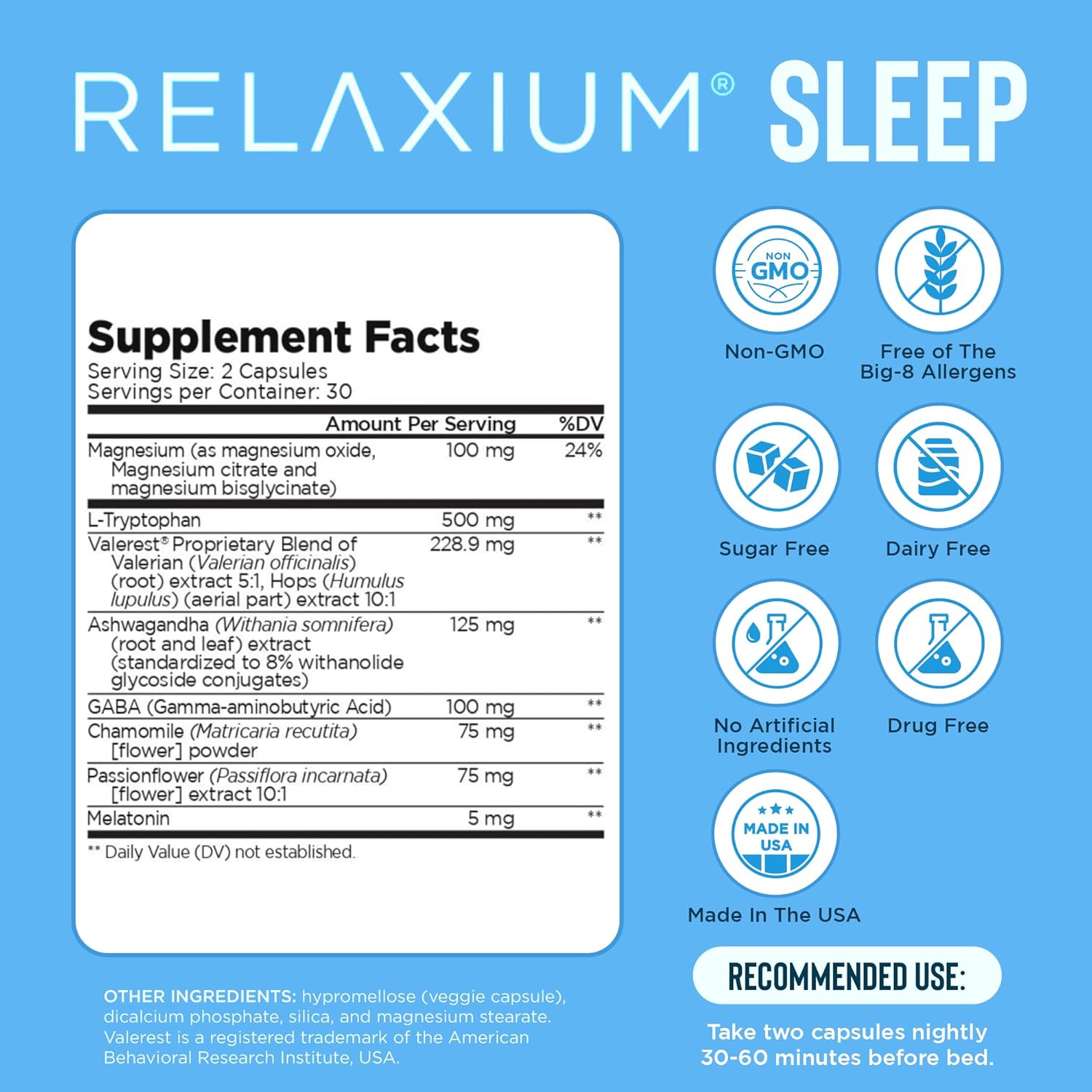 Sleep Aid for Adults, Melatonin 5Mg with Magnesium Glycinate, Sleep-Promoting Valerest & Ashwagandha, Non-Habit Forming Sleep Supplement, 60 Capsules, 30-Day Supply
