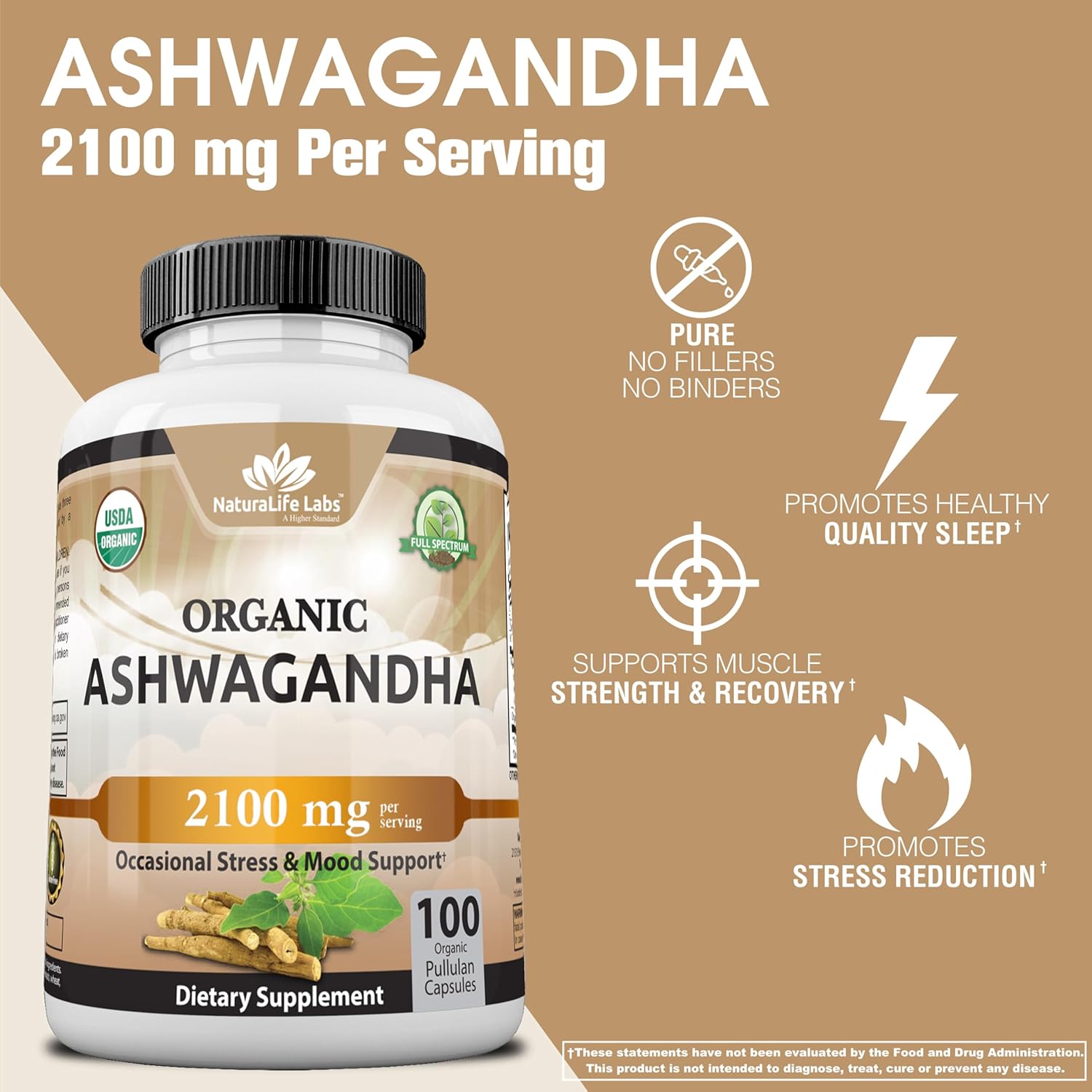 Organic Ashwagandha 2,100 Mg - 100 Veggie Capsules Pure Organic Ashwagandha Powder and Root Extract - Stress Relief, Mood Enhancer