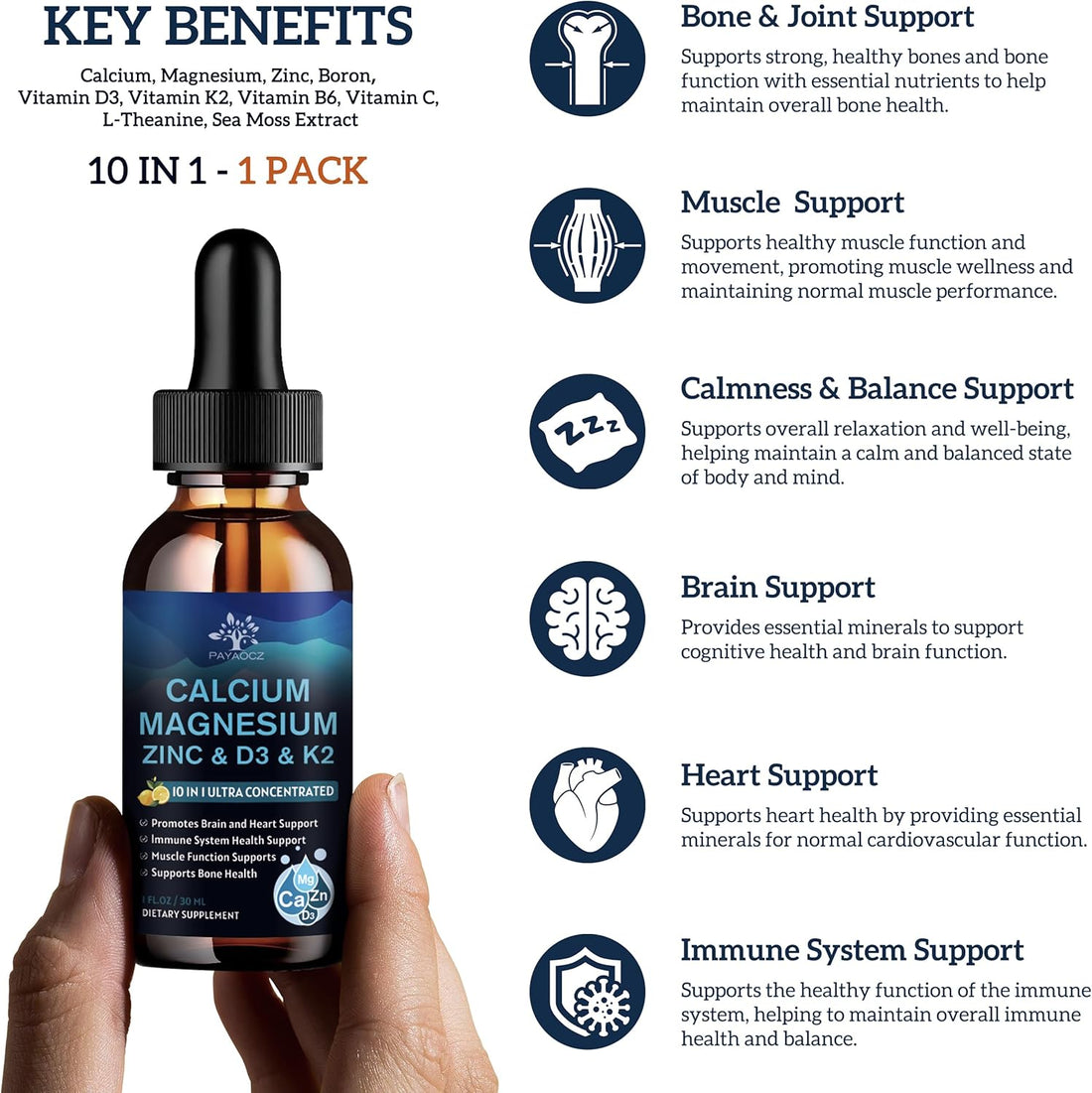 PAYAOCZ  Magnesium Calcium Zinc Supplement with Vitamin D3 K2 for Women, Magnesium Glycinate Vegan Liquid Drops for Adult plus L-Theanine Boron Sea Moss Extract, Bone, Sleep & Leg Cramps, 1 Fl Oz