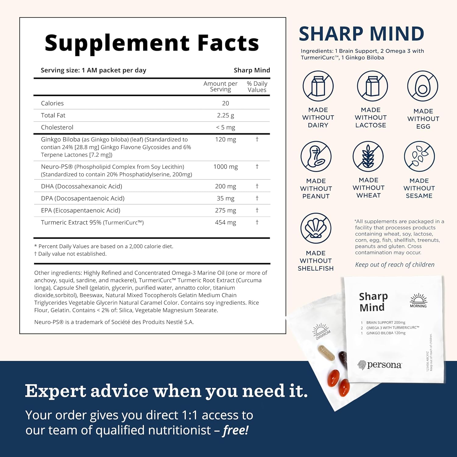 Persona  Nutrition Sharp Mind Vitamin Pack for Mental Clarity & Focus (28 Pack) – Includes Ginkgo Biloba, Omega 3 with Turmeric & Brain Support Blend