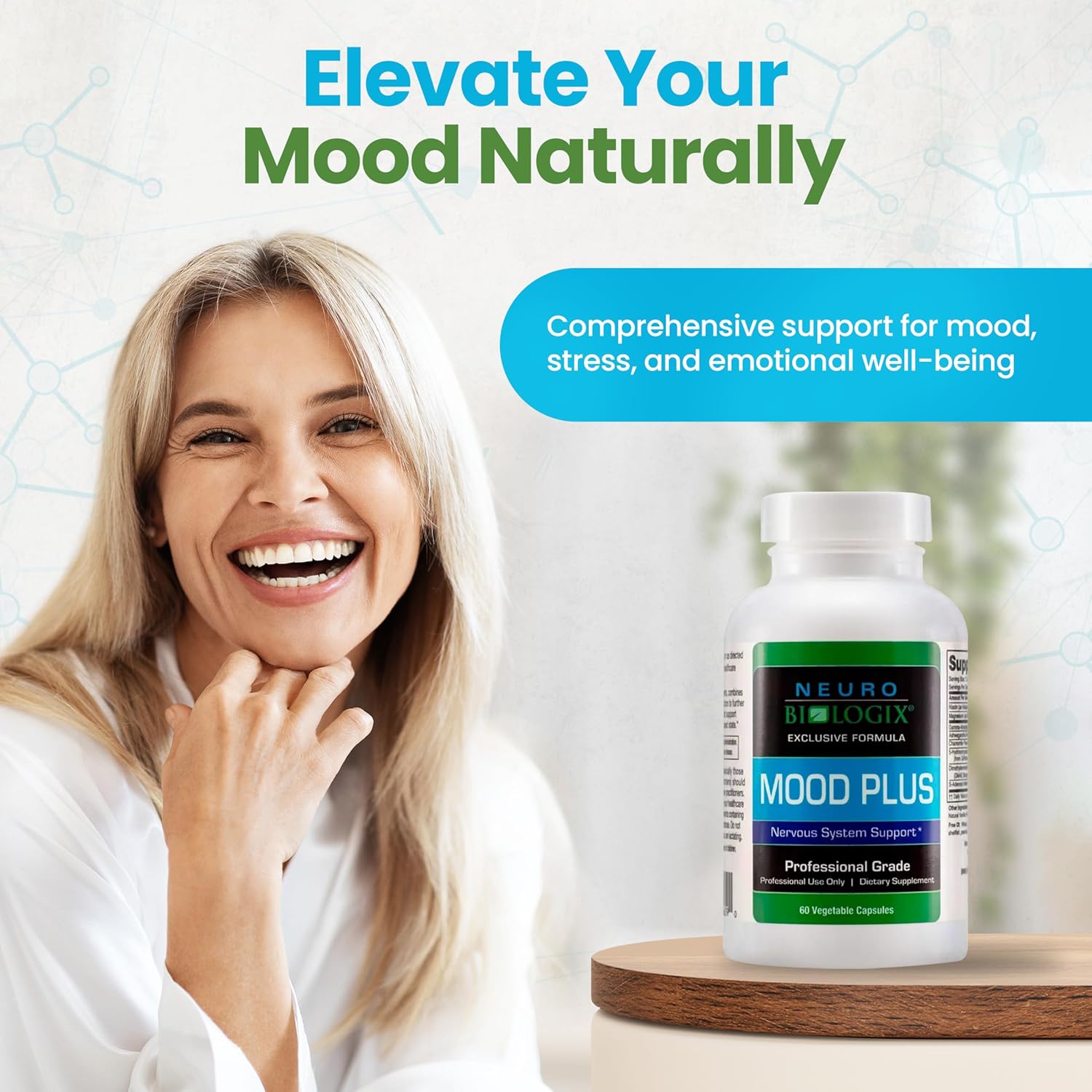 Neuro Biologix Mood plus Complete Mood Support Supplement - Calming Serotonin Supplements for Women for Stress Assistance & Brain Function Support - 5 HTP Supplement with Niacin, GABA & Ashwagandha - 60 Capsules