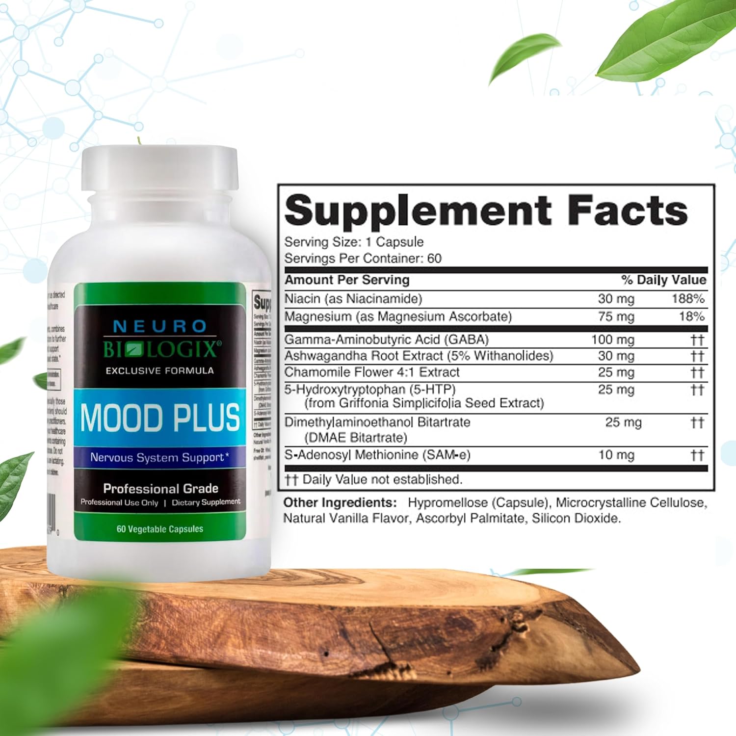 Neuro Biologix Mood plus Complete Mood Support Supplement - Calming Serotonin Supplements for Women for Stress Assistance & Brain Function Support - 5 HTP Supplement with Niacin, GABA & Ashwagandha - 60 Capsules