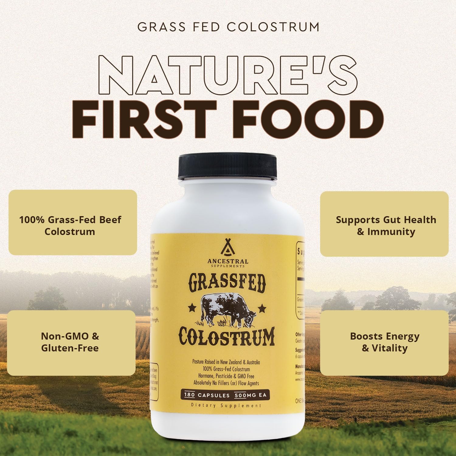 Ancestral  Grass Fed Beef Colostrum Supplement, 3000 Mg, Offers Immune Support and Promotes Gut Health, Athletic Performance, Healthy Iron Levels, Growth and Repair, Non GMO, 180 Capsules
