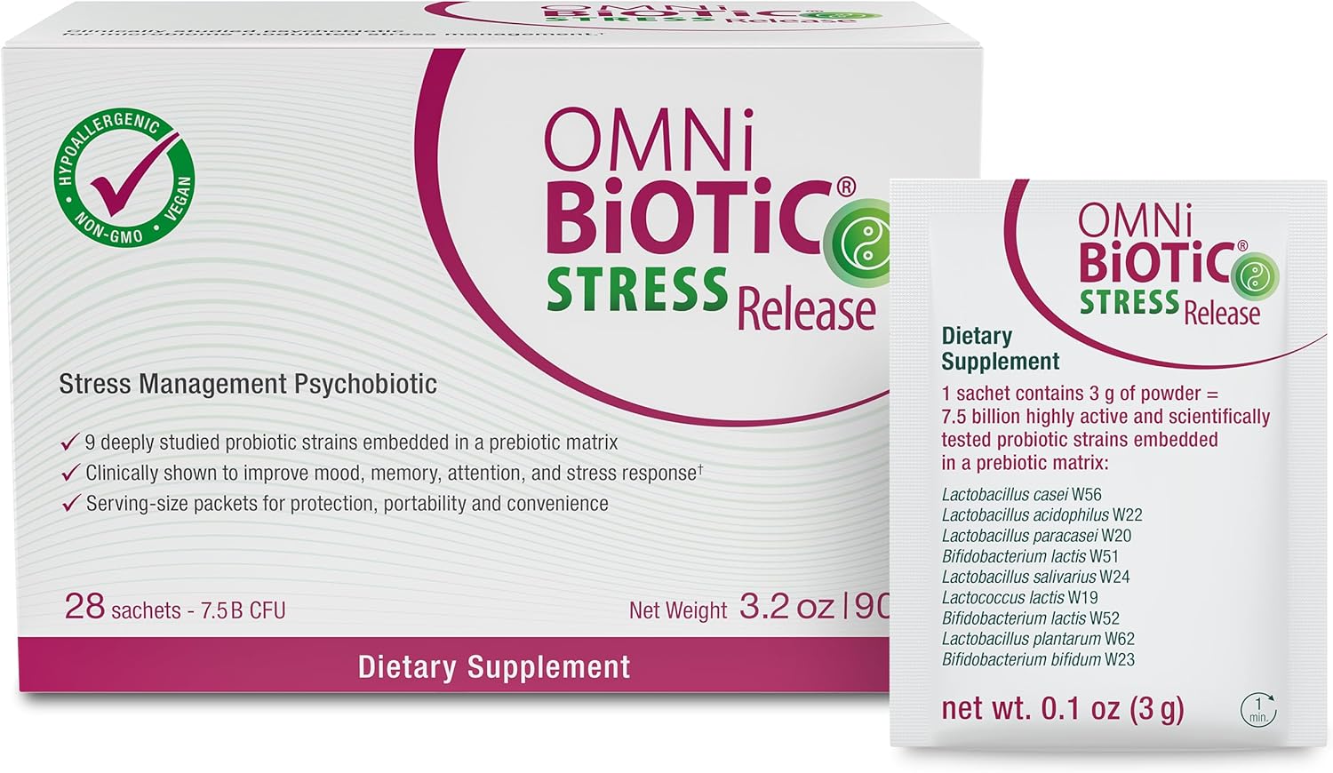 OMNi BiOTiC Stress Release - Clinically Tested Probiotic for Stress Management & Gut-Brain Axis Support - Stress Probiotic and Mood Probiotic - Vegan, Non-Gmo (28 Daily Packets)