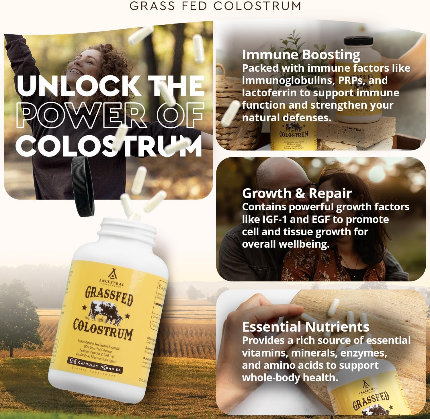 Ancestral  Grass Fed Beef Colostrum Supplement, 3000 Mg, Offers Immune Support and Promotes Gut Health, Athletic Performance, Healthy Iron Levels, Growth and Repair, Non GMO, 180 Capsules
