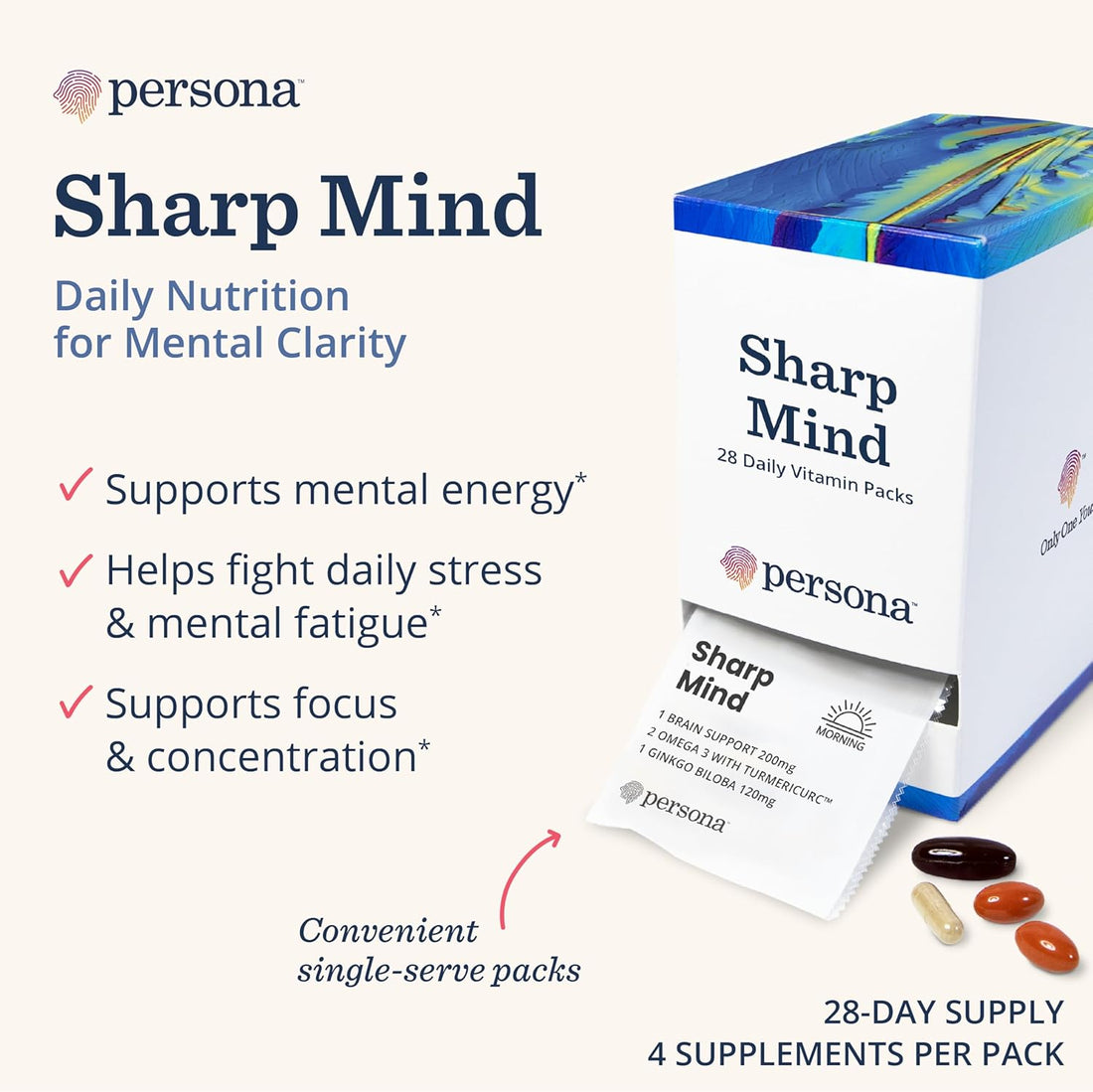 Persona  Nutrition Sharp Mind Vitamin Pack for Mental Clarity & Focus (28 Pack) – Includes Ginkgo Biloba, Omega 3 with Turmeric & Brain Support Blend