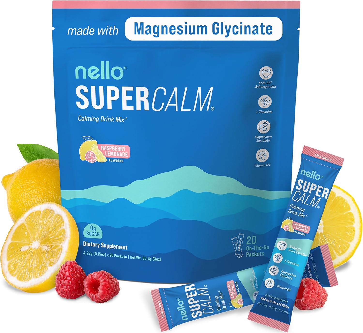 Supercalm Powdered Drink Mix, Raspberry Lemonade, L Theanine, Ksm-66 Ashwagandha, Magnesium Glycinate, Vitamin D 3, Supplements for Relaxation & Focus, No Sugar, Non GMO, on the Go, 20 Ct