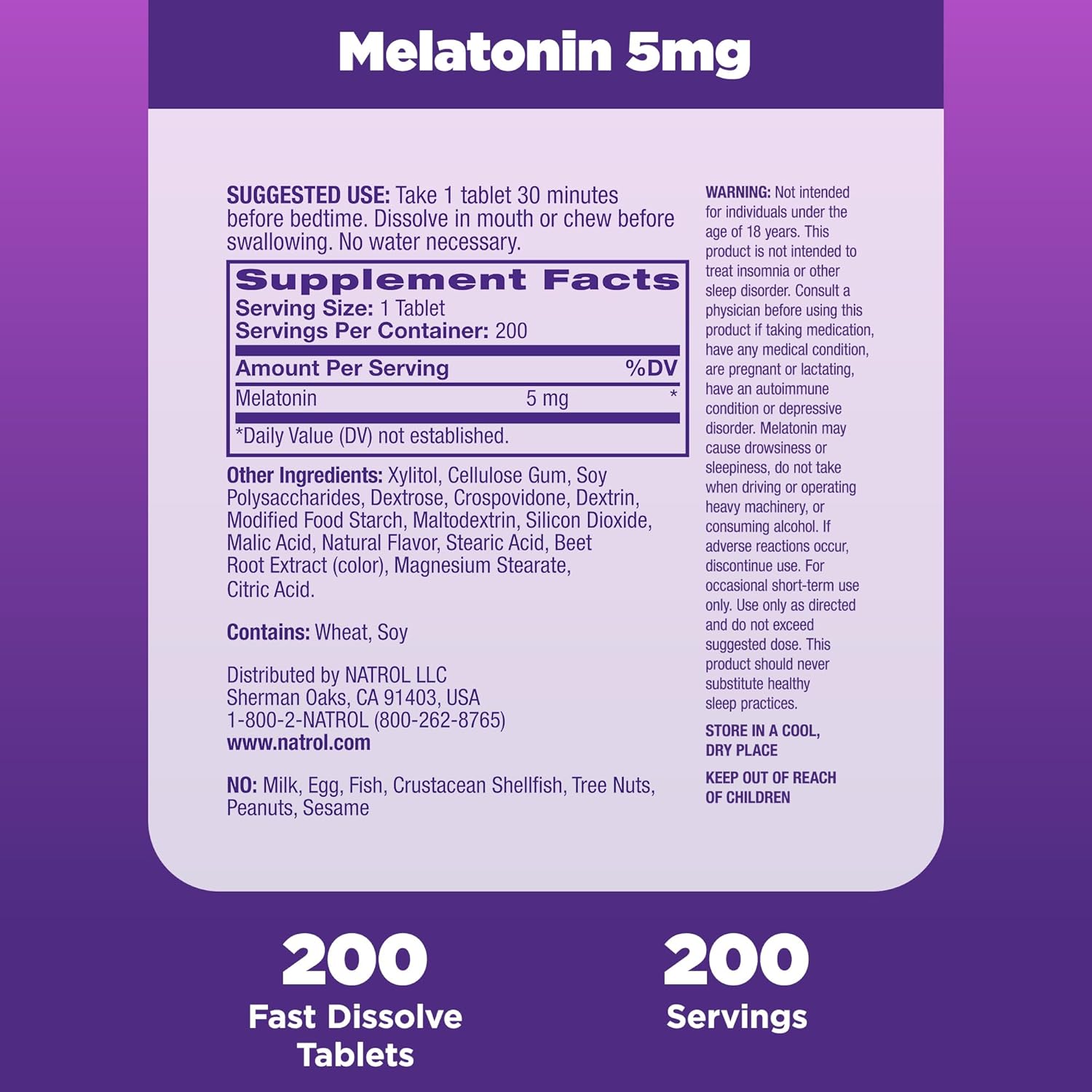 Natrol  Melatonin 5Mg Fast Dissolve Tablets, Sleep Support Supplements for Adults, Strawberry Flavor, 200 Tablets, up to 200 Day Supply