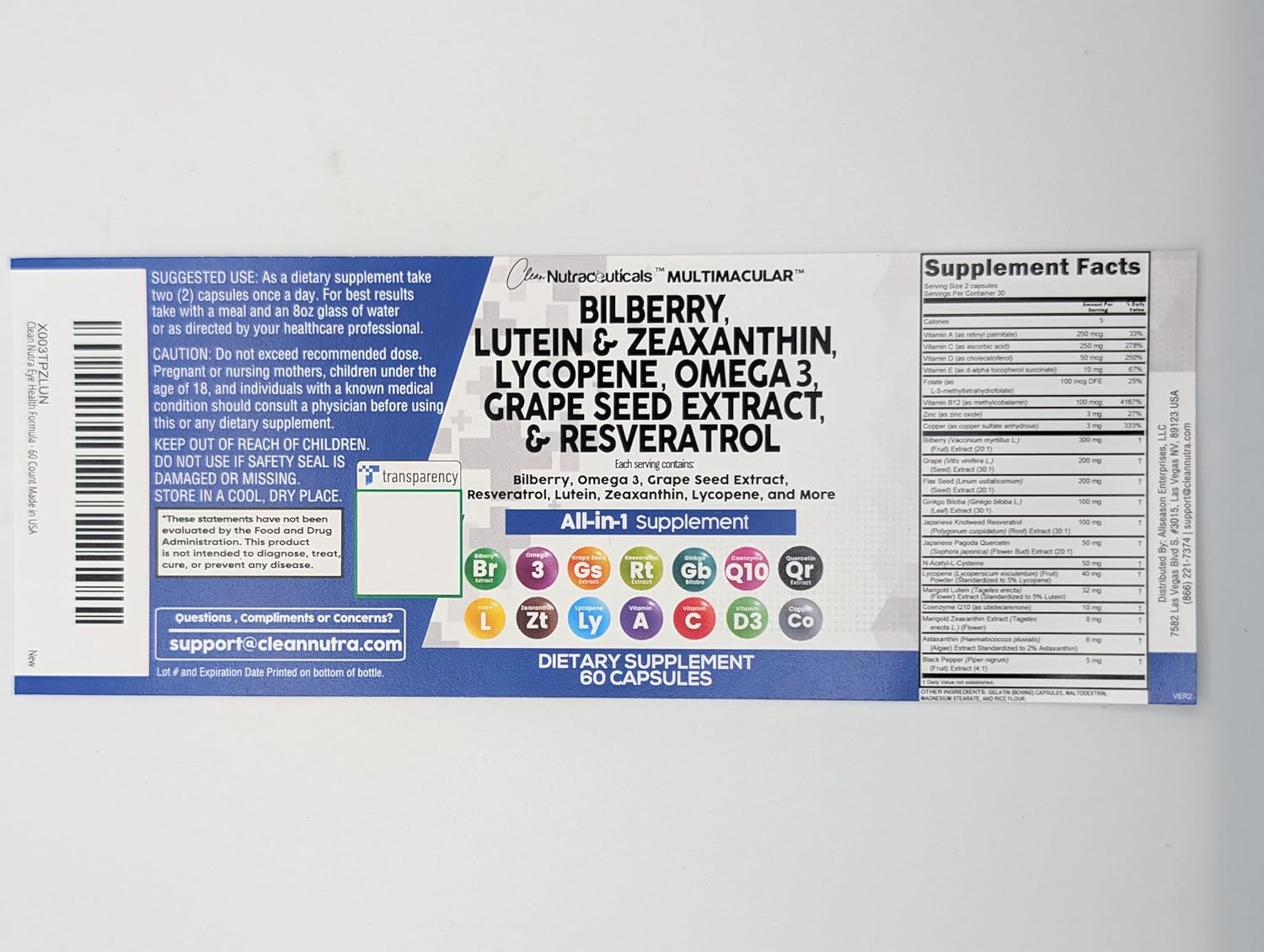 Clean Nutra Eye Vitamins with Bilberry Lutein and Zeaxanthin Supplements Lycopene 40Mg Resveratrol Grape Seed Astaxanthin for Eyes - Eye Care Health Support Eye Vitamin and Mineral Supplement