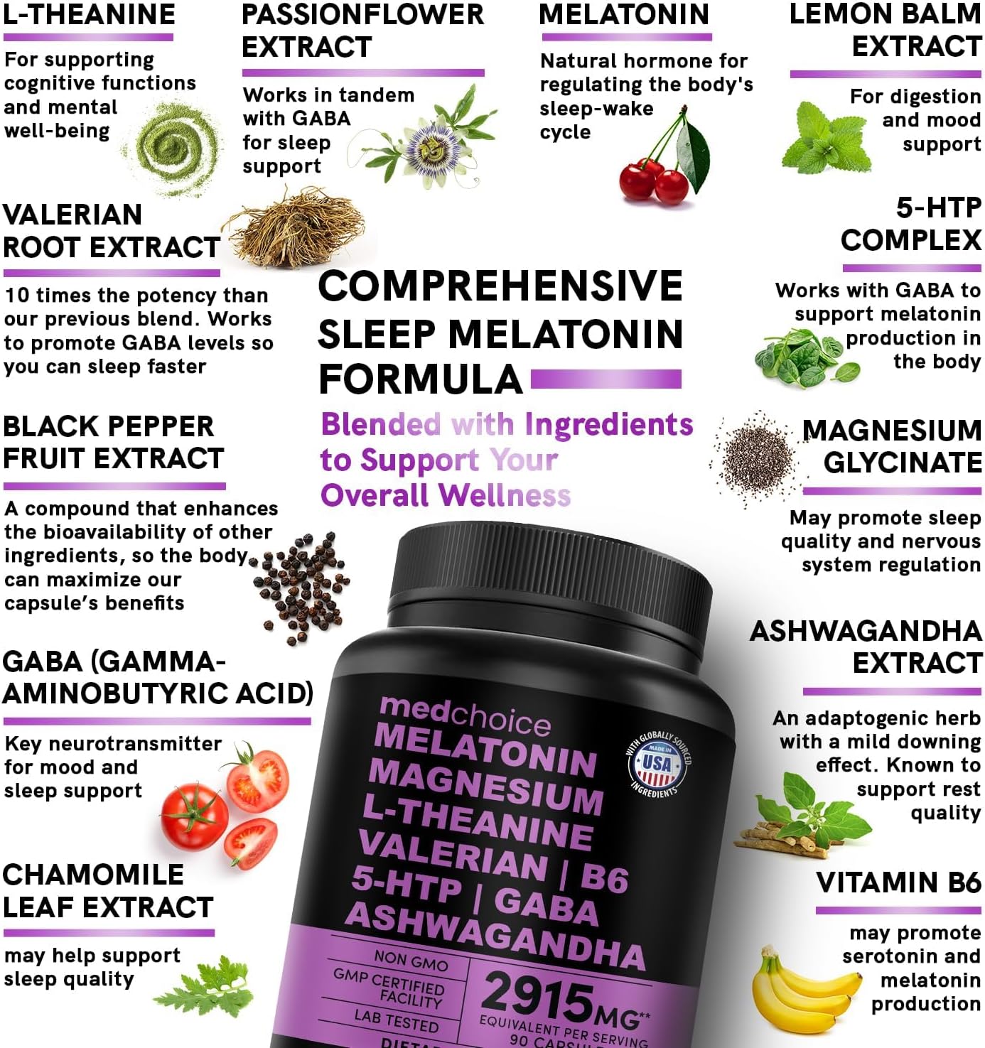 MEDCHOICE 12-In-1 Melatonin Sleep Capsules - Natural Sleep Aids for Adults with Melatonin 5Mg and Magnesium Glycinate 500Mg, Sleep Aid with Ashwagandha, L Theanine, Valerian Root, GABA, 5-HTP (90Ct, Pack of 1)