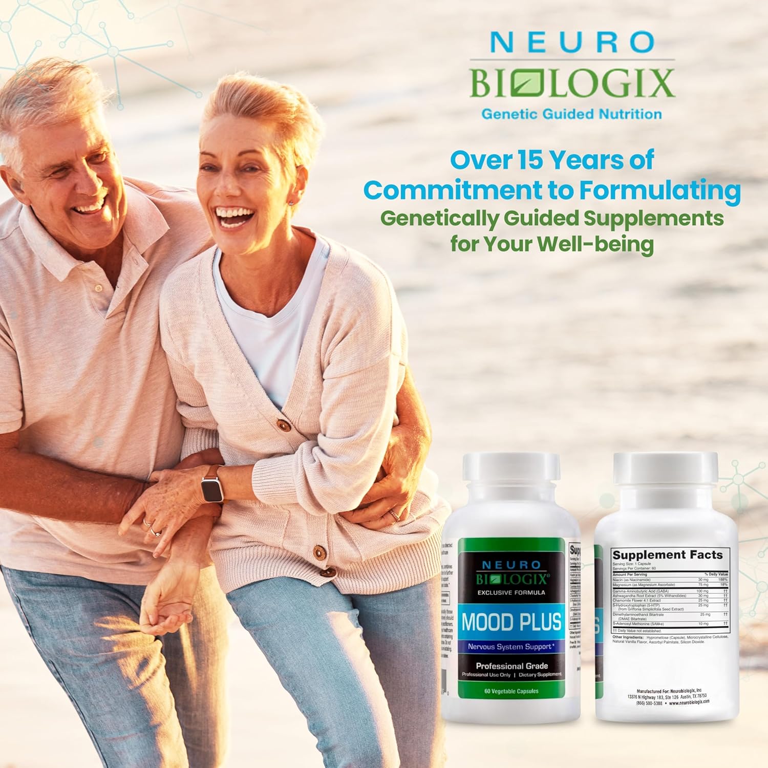 Neuro Biologix Mood plus Complete Mood Support Supplement - Calming Serotonin Supplements for Women for Stress Assistance & Brain Function Support - 5 HTP Supplement with Niacin, GABA & Ashwagandha - 60 Capsules