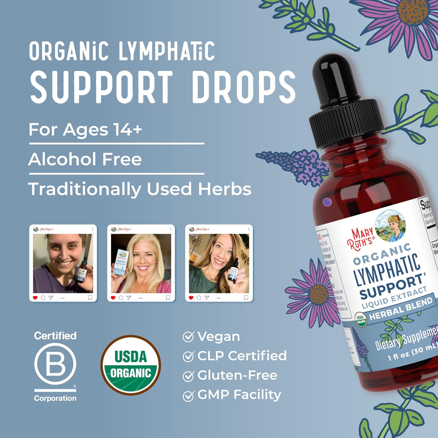 MaryRuth  Lymphatic Support Drops | USDA Organic Lymphatic Cleanse Immune Support Supplement| Lymphatic Support with Echinacea & Elderberry | Blue Vervain | Vegan | Non-Gmo | 30 Servings