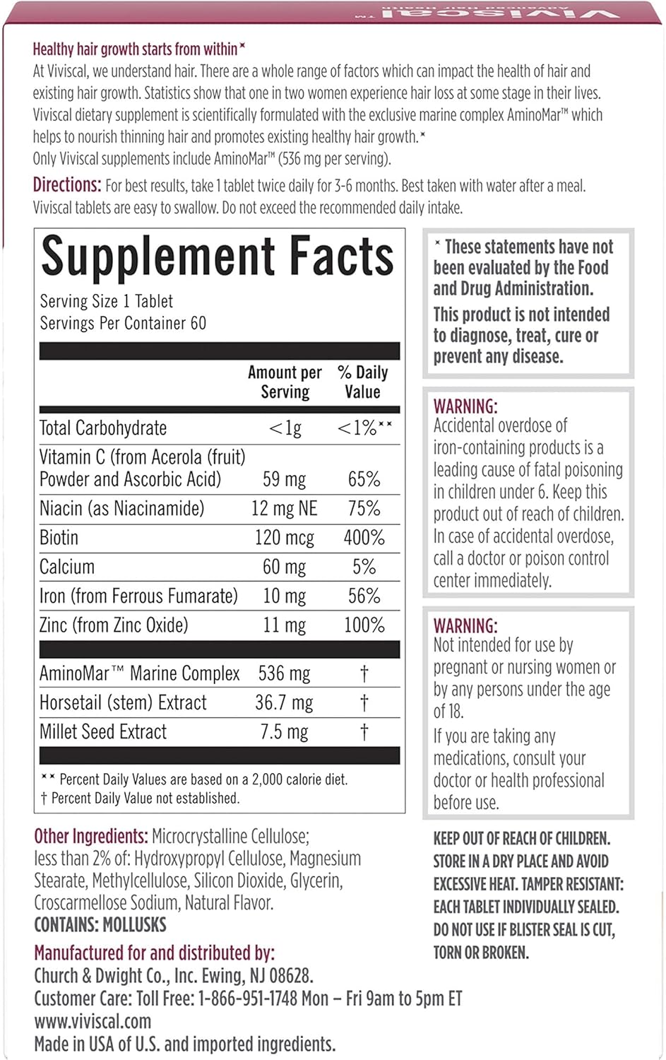 Viviscal  Hair Growth Supplements for Women for Thicker, Fuller Hair, Nourishes Thinning & Loss, with Proprietary Collagen Complex, 60 Tablets, 1 Month Supply