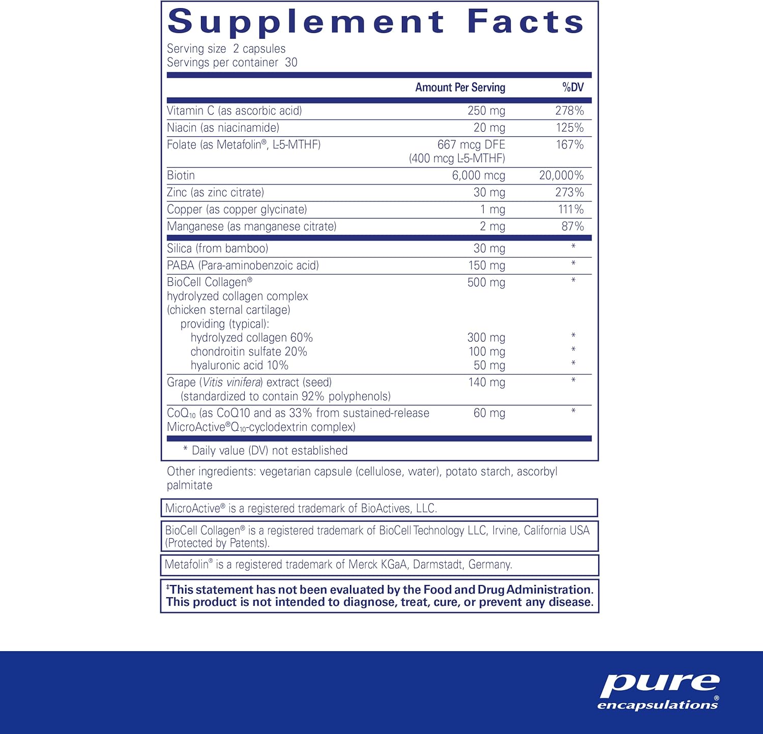 Pure Encapsulations Hair/Skin/Nails Ultra - Supplement for Collagen, anti Aging, Keratin, Antioxidants, Skin Hydration, Hair, and Nails* - with Biotin, Vitamin C, and More - 60 Capsules