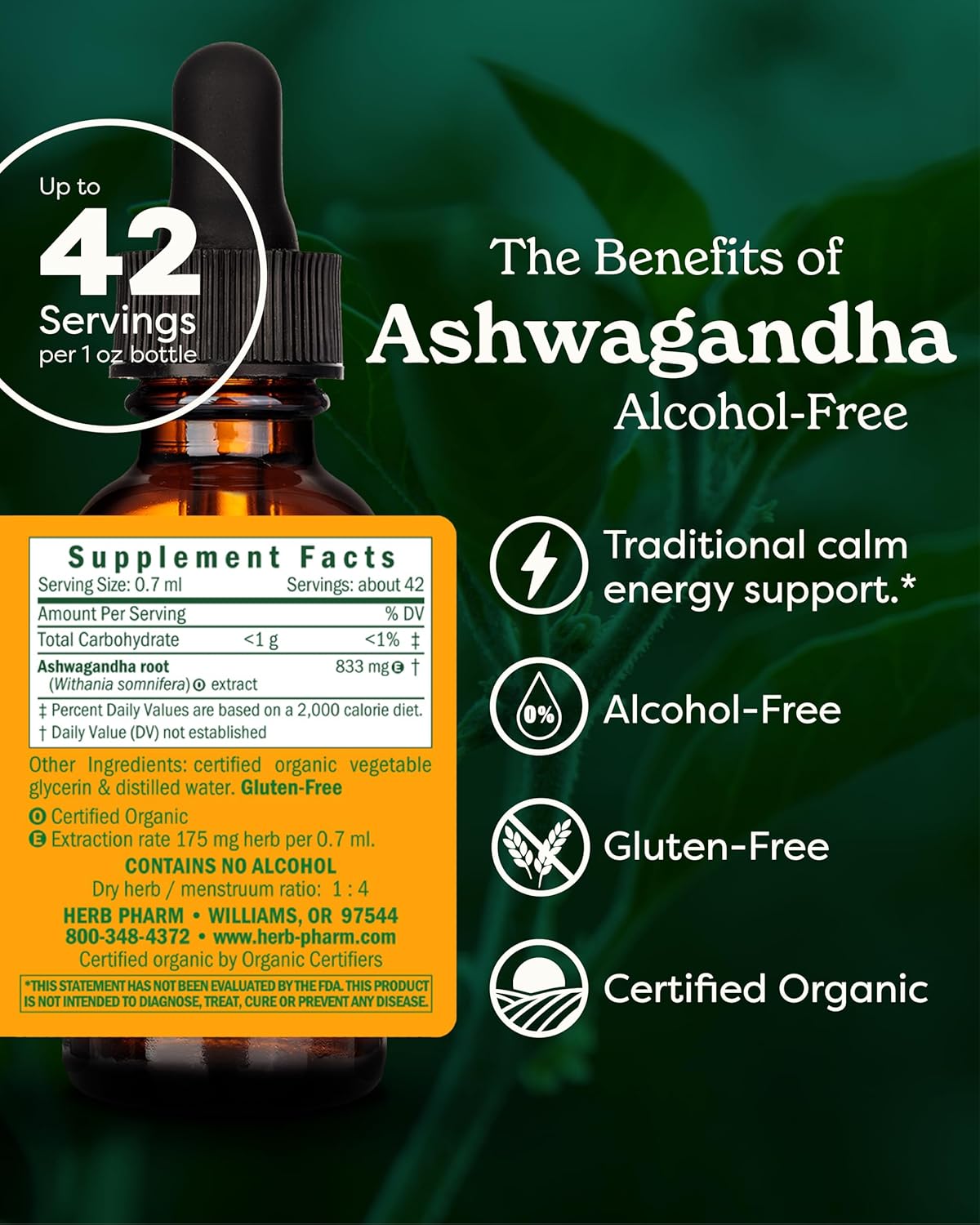 Herb Pharm Organic Ashwagandha Liquid Extract, Alcohol-Free: Mood Support Supplement, Vegan Ashwagandha Root Glycerite, Tasty Non-Bitter Adaptogen Extract for Adults, Non-Gmo, 1 Oz