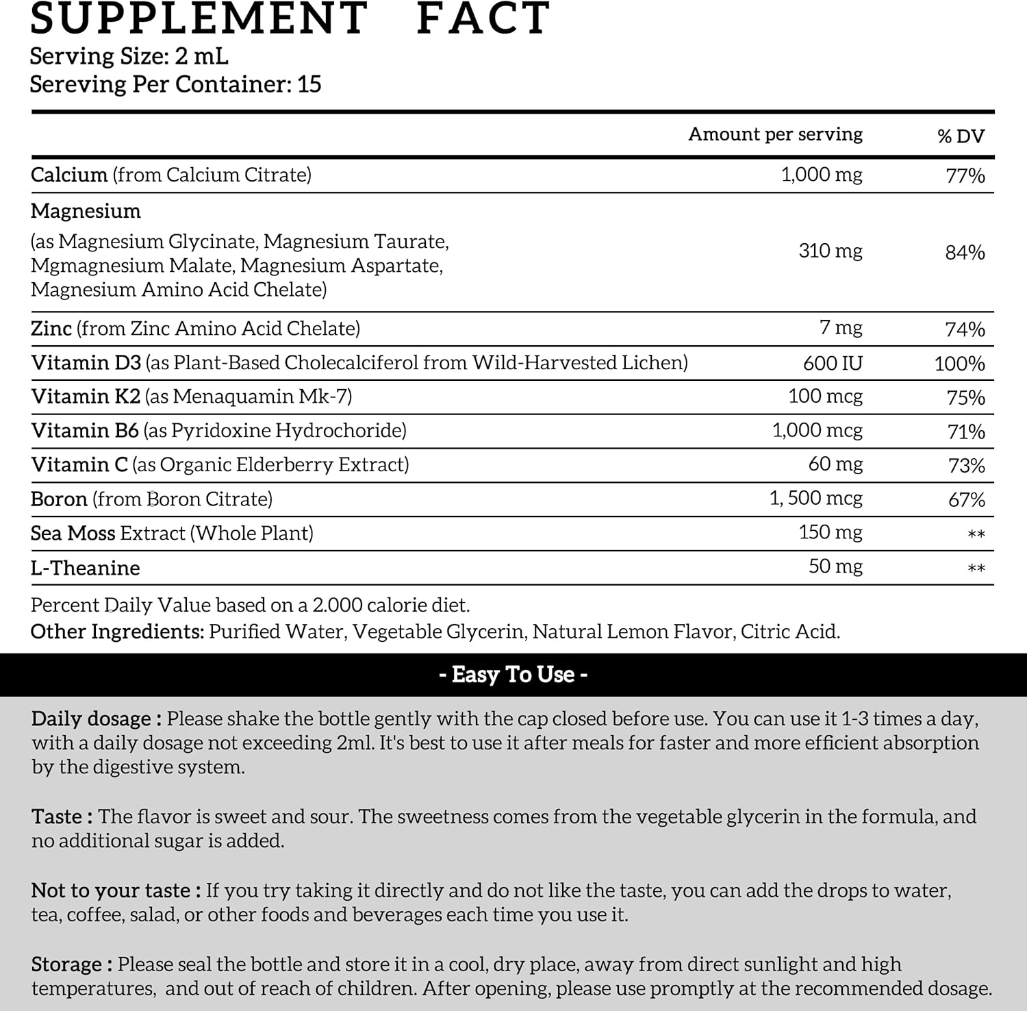 PAYAOCZ  Magnesium Calcium Zinc Supplement with Vitamin D3 K2 for Women, Magnesium Glycinate Vegan Liquid Drops for Adult plus L-Theanine Boron Sea Moss Extract, Bone, Sleep & Leg Cramps, 1 Fl Oz