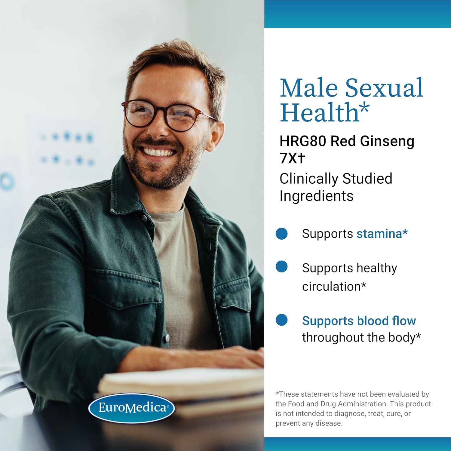 Euromedica  Male Sexual Health - Dietary Supplement to Support Healthy Blood Flow & Circulation - Herbal Supplement with Korean Red Ginseng - Supplement for Men to Aid Healthy Energy - 48 Capsules