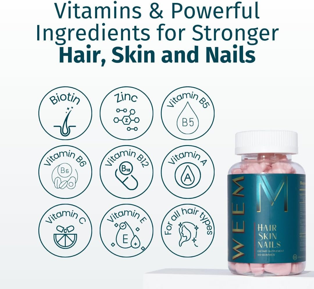 WEEM Hair Skin and Nails Gummies - Supports Healthy Hair - Vegan Biotin Vitamins for Women & Men Supports Faster Hair Growth, Stronger Nails, Healthy Skin, Extra Strength (1)