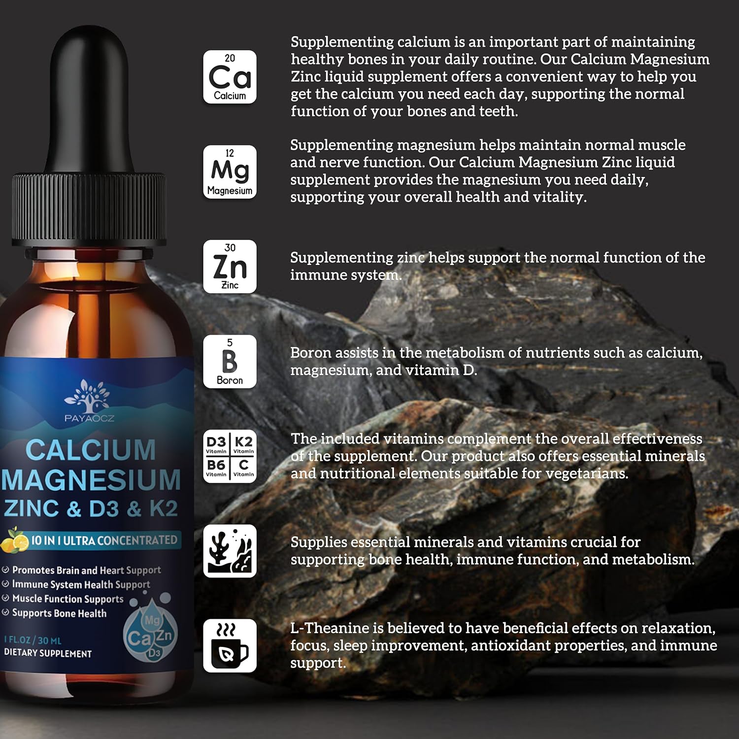 PAYAOCZ  Magnesium Calcium Zinc Supplement with Vitamin D3 K2 for Women, Magnesium Glycinate Vegan Liquid Drops for Adult plus L-Theanine Boron Sea Moss Extract, Bone, Sleep & Leg Cramps, 1 Fl Oz