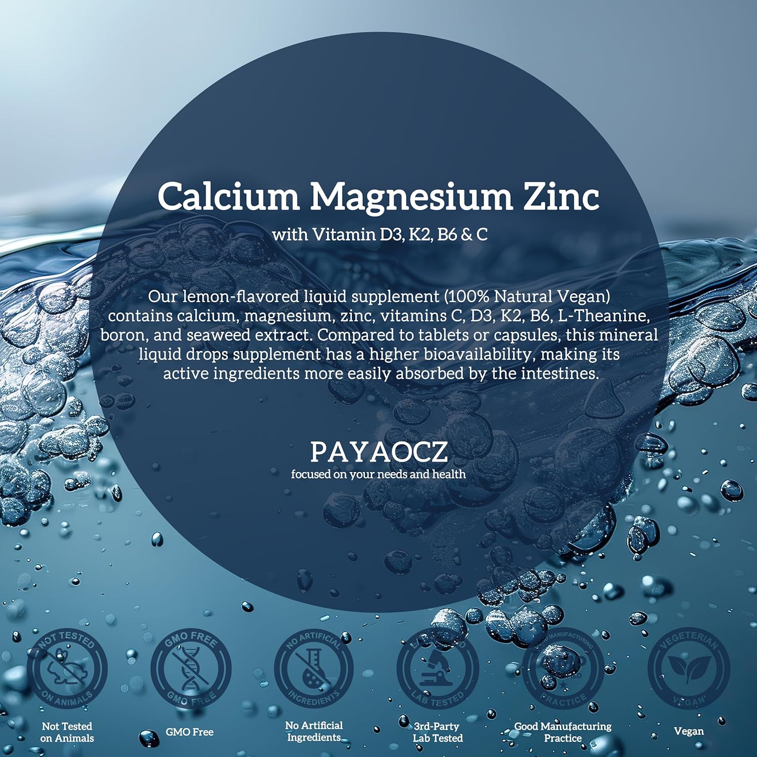 PAYAOCZ  Magnesium Calcium Zinc Supplement with Vitamin D3 K2 for Women, Magnesium Glycinate Vegan Liquid Drops for Adult plus L-Theanine Boron Sea Moss Extract, Bone, Sleep & Leg Cramps, 1 Fl Oz