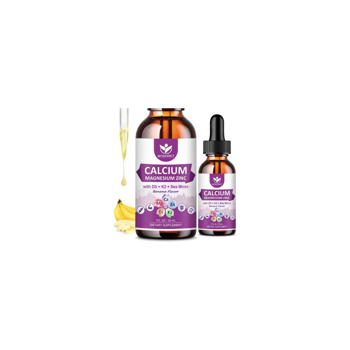 Calcium Magnesium Zinc Liquid Drops with Vitamin D3 K2, Sea Moss Extract, High Absorption Calcium Citrate Liquid Supplement for Bone, Muscles, Immune & Sleep Support, Banana Flavor - 1 Fl Oz (2 Pack)