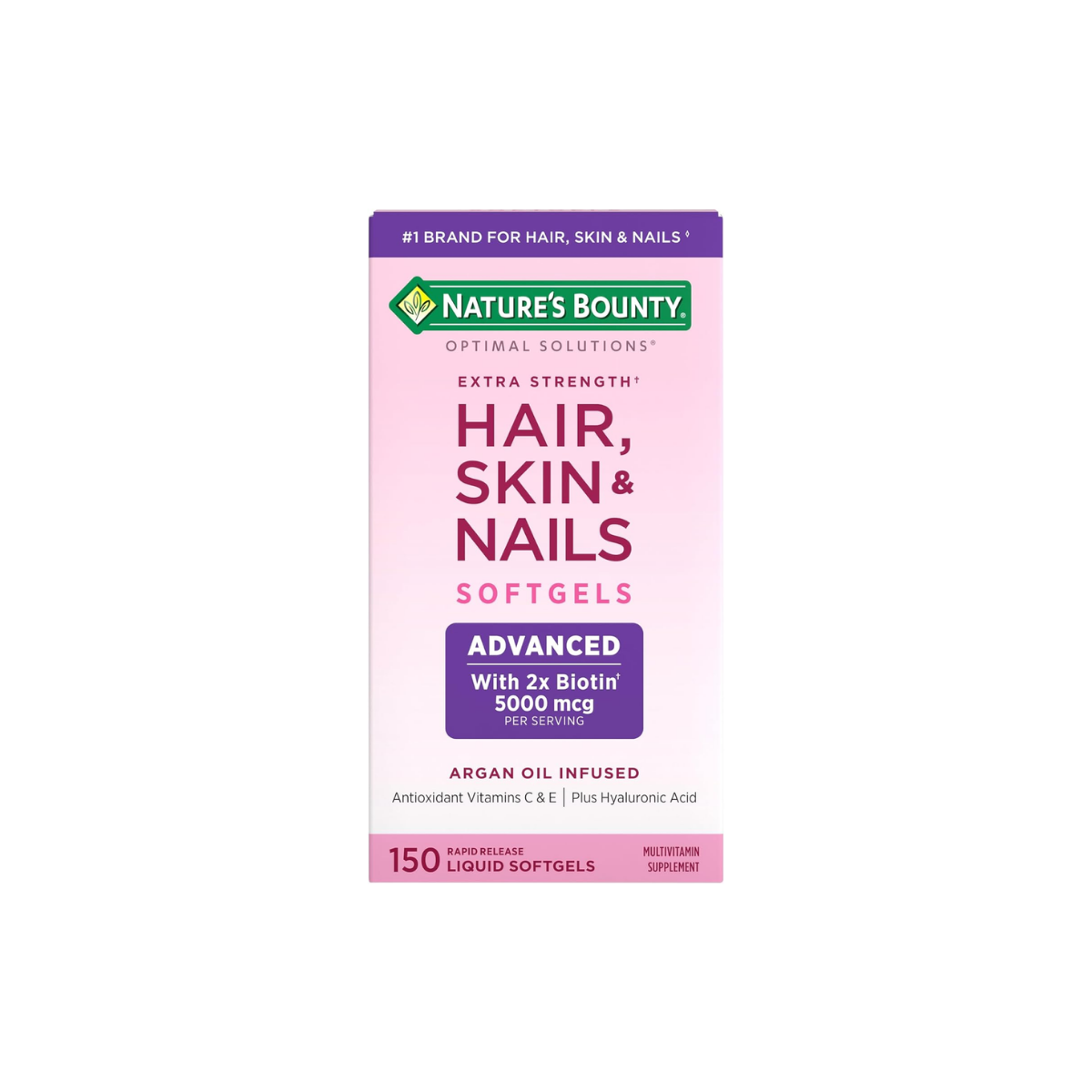 Nature's Bounty Advanced Hair, Skin & Nails, Argan-Infused Vitamin Supplement with Biotin and Hyaluronic Acid, 150 Rapid Release Softgels, 50 Total Servings