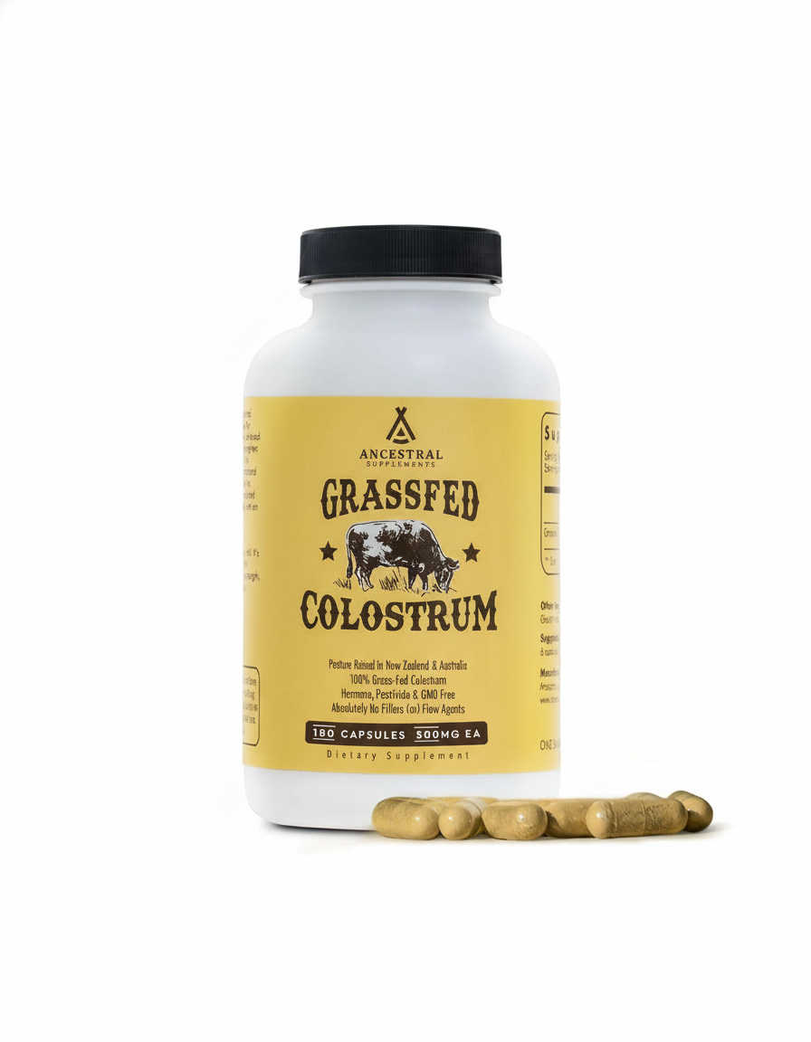Ancestral  Grass Fed Beef Colostrum Supplement, 3000 Mg, Offers Immune Support and Promotes Gut Health, Athletic Performance, Healthy Iron Levels, Growth and Repair, Non GMO, 180 Capsules